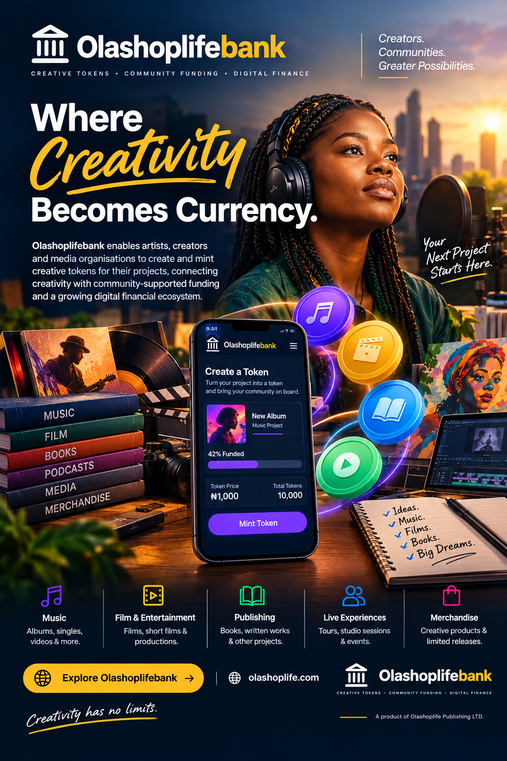 Olashoplife Publishing Launches Olashoplifebank to Help Artists and Creators Raise Funds Through Creative Tokens Olashoplife Publishing Launches Olashoplifebank to Help Artists and Creators Raise Funds Through Creative Tokens